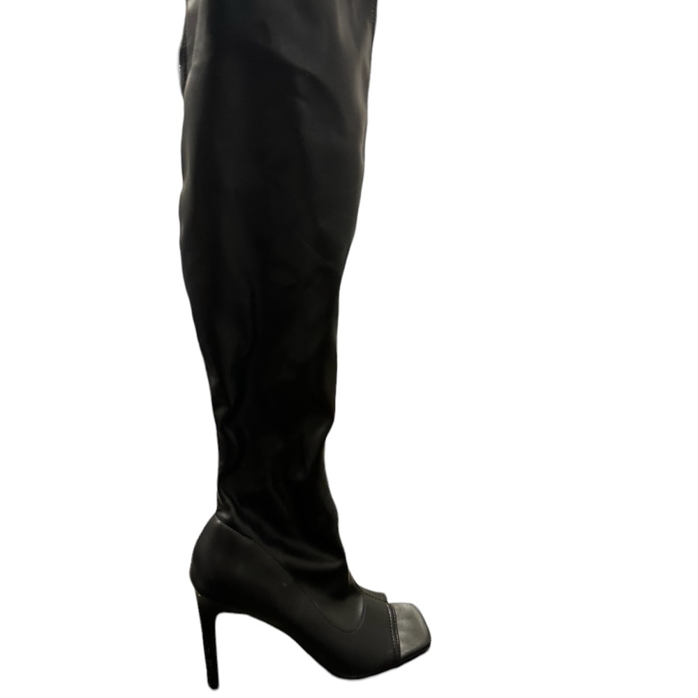 Rouge leather knee high open toed boots